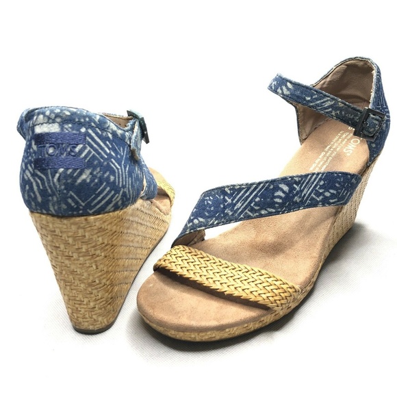 Tom's Chambray Denim Woven Straw Wedge Strappy - Picture 2 of 8